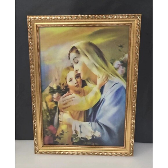 Vintage Madonna And Child Lenticular Print Jesus And Mary 3D Framed 15"  x 12" - Picture 1 of 12
